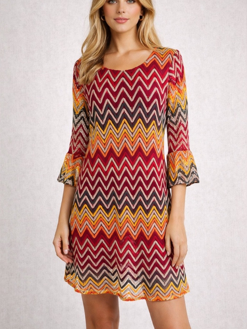 Tacera Red and Orange Zigzag/Chevron Lined Knit Boho Dress